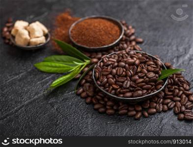 Fresh raw organic coffee beans with ground powder and cane sugar cubes with coffee trea leaf on black.