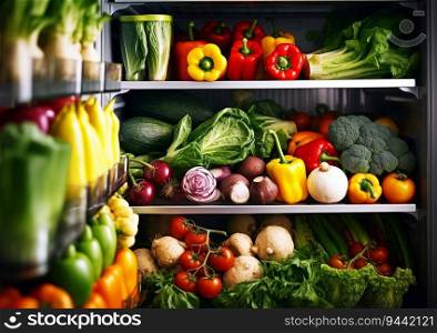 Fresh raw organic vegetables in opened fridge.Healthy lifestyle.AI Generative