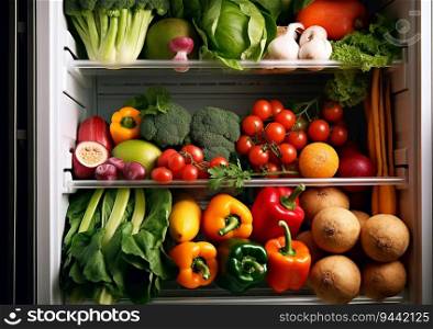 Fresh raw organic vegetables in opened fridge.Healthy lifestyle.Macro.AI Generative