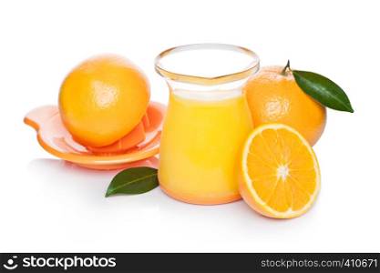 Fresh raw peeled oranges with juice squeezer jar with leaves on white background