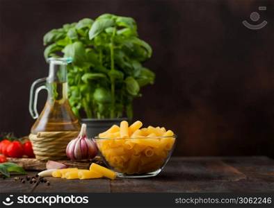 Fresh raw penne pasta in glass bowl with basil plant, oil and tomatoes with garlic and pepper on wooden table background.