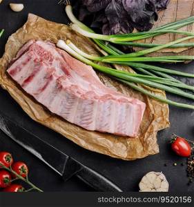 Fresh raw pork ribs with ingredients