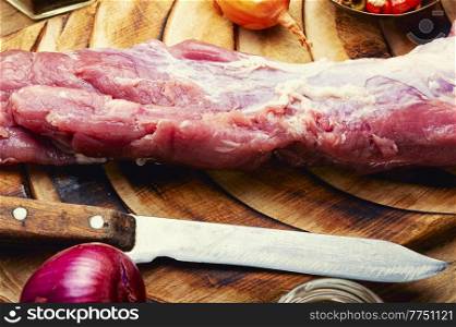 Fresh raw pork tenderloin and spiced ingredients.. Fresh raw pork tenderloin.