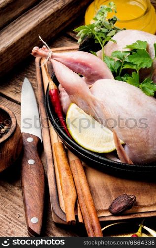 Fresh raw quail on a kitchen board and ingredients. Whole raw quail