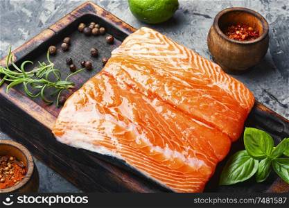 Fresh raw salmon fillet with cooking ingredients.Fresh fish. Fresh raw salmon fish