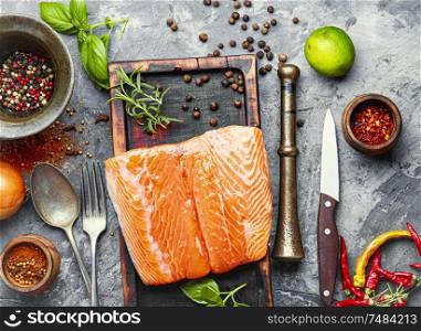Fresh raw salmon fillet with cooking ingredients.Fresh fish. Fresh raw salmon fish