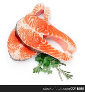 Fresh Raw Salmon Red Fish Steak isolated on a White Background. Fresh Raw Salmon Red Fish Steak