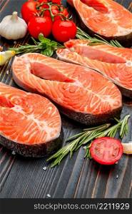 Fresh Raw Salmon Red Fish Steak on wooden background. Fresh Raw Salmon Red Fish Steak