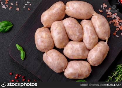 Fresh raw sausages from pork or chicken with salt, spices and herbs on a textured concrete background