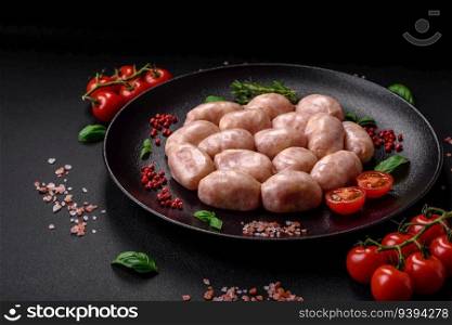 Fresh raw sausages from pork or chicken with salt, spices and herbs on a textured concrete background