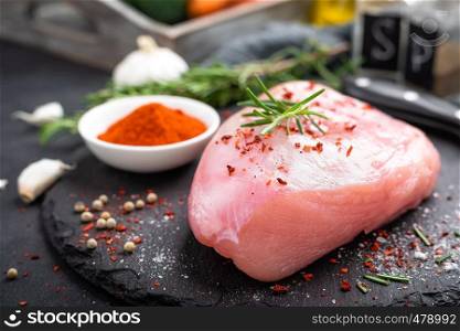 Fresh raw turkey meat fillet with ingredients for cooking