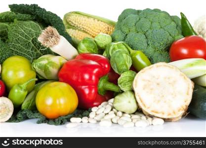 Fresh raw vegetables composition isolated on white. Close view