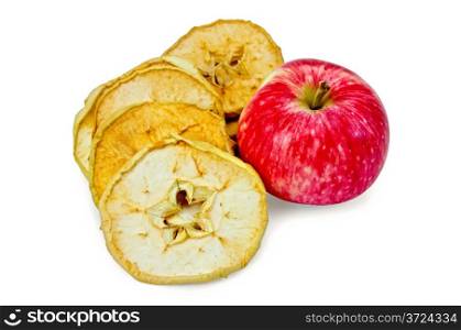 Fresh red apple and dried apple slices isolated on white background