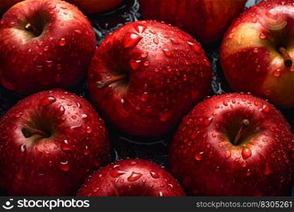 Fresh Red Apple Seamless Background Adorned with Droplets of Water, Top-Down View. Generative AI. High quality illustration. Fresh Red Apple Seamless Background Adorned with Droplets of Water, Top-Down View. Generative AI