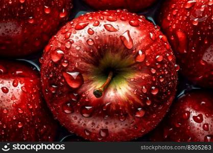 Fresh Red Apple Seamless Background Adorned with Droplets of Water, Top-Down View. Generative AI. High quality illustration. Fresh Red Apple Seamless Background Adorned with Droplets of Water, Top-Down View. Generative AI