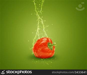 Fresh red bell pepper with water splashes on green background.