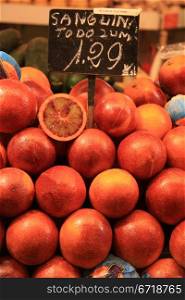 Fresh red blood oranges at a Spanish market in Barcelona