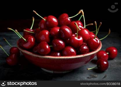 Fresh red cherries fruit in bowl. Generative AI
