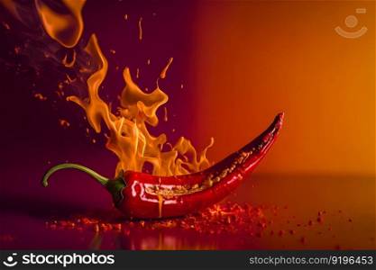 Fresh red chilli pepper in fire as a symbol of burning feeling of spicy food and spices. Red background. Neural network AI generated art. Fresh red chilli pepper in fire as a symbol of burning feeling of spicy food and spices. Red background. Neural network AI generated
