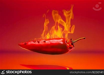 Fresh red chilli pepper in fire as a symbol of burning feeling of spicy food and spices. Red background. Neural network AI generated art. Fresh red chilli pepper in fire as a symbol of burning feeling of spicy food and spices. Red background. Neural network AI generated