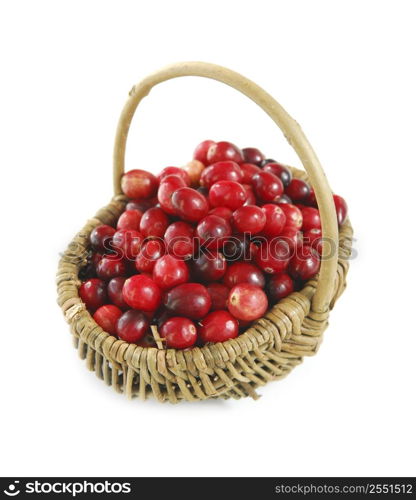 Fresh red cranberries in basket on white background