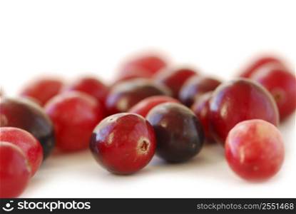 Fresh red cranberries macro on white background