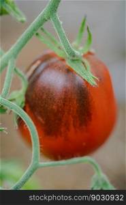 Fresh red natural tomato on a branch in organic vegetable garden. Ripe tomato plant growing in greenhouse. Blurry background and copy space for your advertising text message.. bunch of natural tomatoes