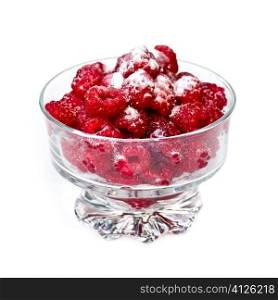 Fresh red raspberries in glass bowl isolated on white