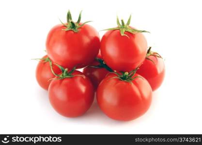 Fresh red tomato. Fresh red tomato with green stem on white background