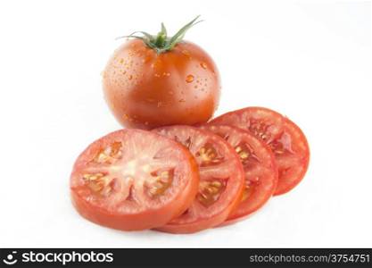 Fresh red tomato. Fresh red tomato with green stem on white background