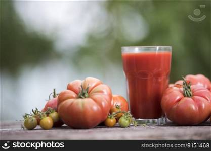Fresh red tomato juice, on a wooden background