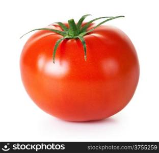 Fresh red tomato with green stem on white background