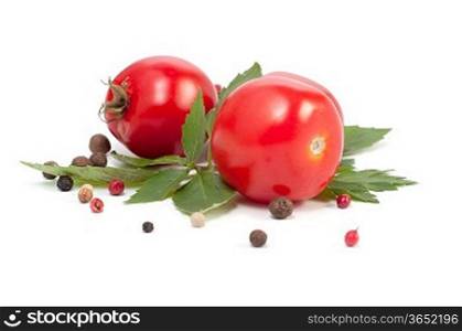 fresh red tomatoes,basil,garlic and pepper on white background
