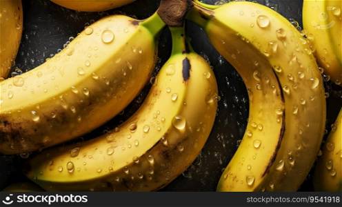 Fresh ripe bananas with water drops background. Fruits backdrop. Generative AI.. Fresh ripe bananas with water drops background. Fruits backdrop. Generative AI