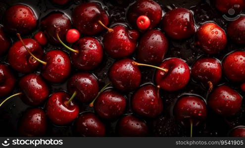 Fresh ripe cherries with water drops background. Berries backdrop. Generative AI.. Fresh ripe cherries with water drops background. Berries backdrop. Generative AI
