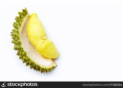 Fresh ripe cut durian on white background.