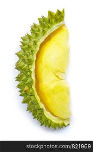 Fresh ripe cut durian on white background.