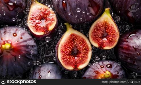 Fresh ripe figs with water drops background. Fruits backdrop. Generative AI.. Fresh ripe figs with water drops background. Fruits backdrop. Generative AI