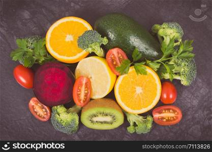 Fresh ripe fruits and vegetables containing healthy natural minerals and vitamins. Vintage photo. Fruits and vegetables containing healthy minerals and vitamins. Vintage photo