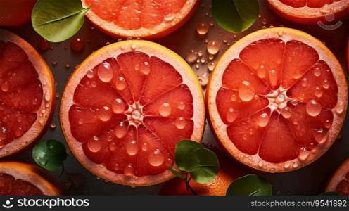 Fresh ripe grapefruits with water drops background. Fruits backdrop. Generative AI.. Fresh ripe grapefruits with water drops background. Fruits backdrop. Generative AI