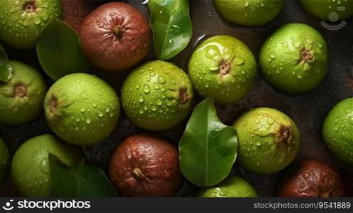 Fresh ripe guavas with water drops background. Fruits backdrop. Generative AI.. Fresh ripe guavas with water drops background. Fruits backdrop. Generative AI