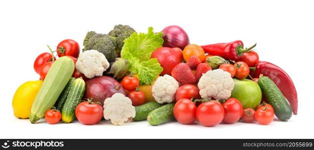 Fresh ripe healthy fruits and vegetables isolated on white background.