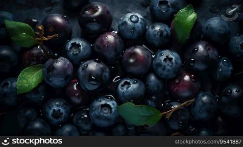 Fresh ripe huckleberry with water drops background. Berries backdrop. Generative AI.. Fresh ripe huckleberry with water drops background. Berries backdrop. Generative AI