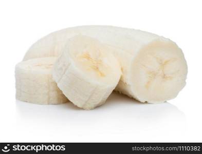 Fresh ripe organic banana sliced pieces on white background.