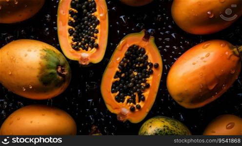 Fresh ripe papayas with water drops background. Fruits backdrop. Generative AI.. Fresh ripe papayas with water drops background. Fruits backdrop. Generative AI