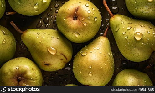 Fresh ripe pears with water drops background. Fruits backdrop. Generative AI.. Fresh ripe pears with water drops background. Fruits backdrop. Generative AI