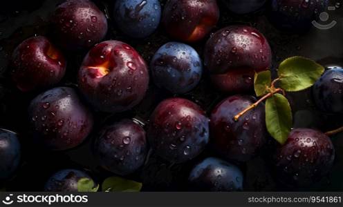 Fresh ripe plums with water drops background. Fruits backdrop. Generative AI.. Fresh ripe plums with water drops background. Fruits backdrop. Generative AI