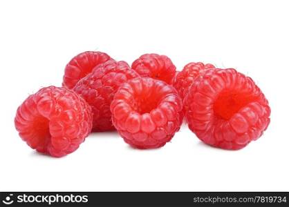Fresh ripe red raspberries on white background