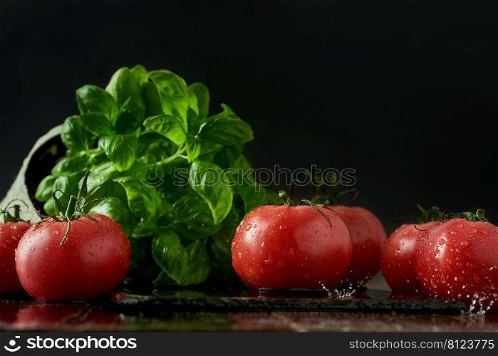 Fresh ripe red tomatoes on a cutting board with fresh basil on a wooden background.  Freshly picked red tomatoes and basil leaves with splashes of water