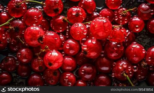 Fresh ripe redcurrant with water drops background. Berries backdrop. Generative AI.. Fresh ripe redcurrant with water drops background. Berries backdrop. Generative AI
